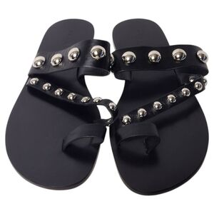 Sandro Black Leather Studded Toe Ring Thong Sandals Sz 40 Eur/US 10